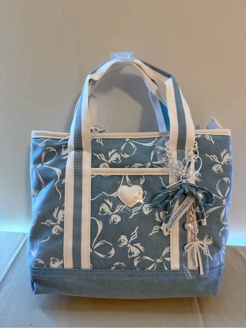 Blue Floral Canvas Tote Bag with Heart Accent